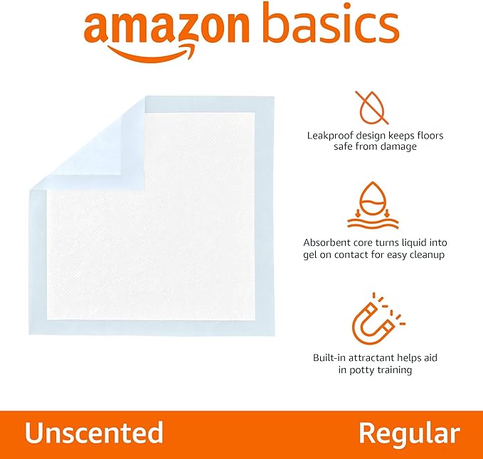Amazon Basics Leak-Proof Dog and Puppy Potty Training Pee Pads with Quick-Dry 5-Layer Super Absorbent Design, Regular Size 22 x 22 inch, Blue & White, 100 Count