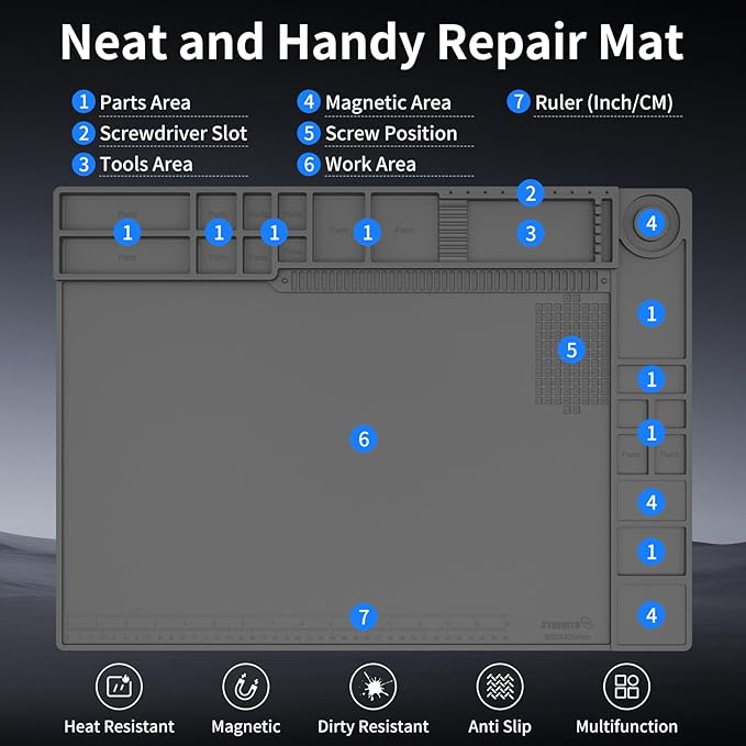 STREBITO Soldering Mat Large, Solder Mat Heat Resistant 932°F, Magnetic Mat for Screws and Tools, Solder Pad for Soldering Iron, Electronics, PC Building, Laptop, RC, Phone, Size 21.7 "x 15.8" (Grey)