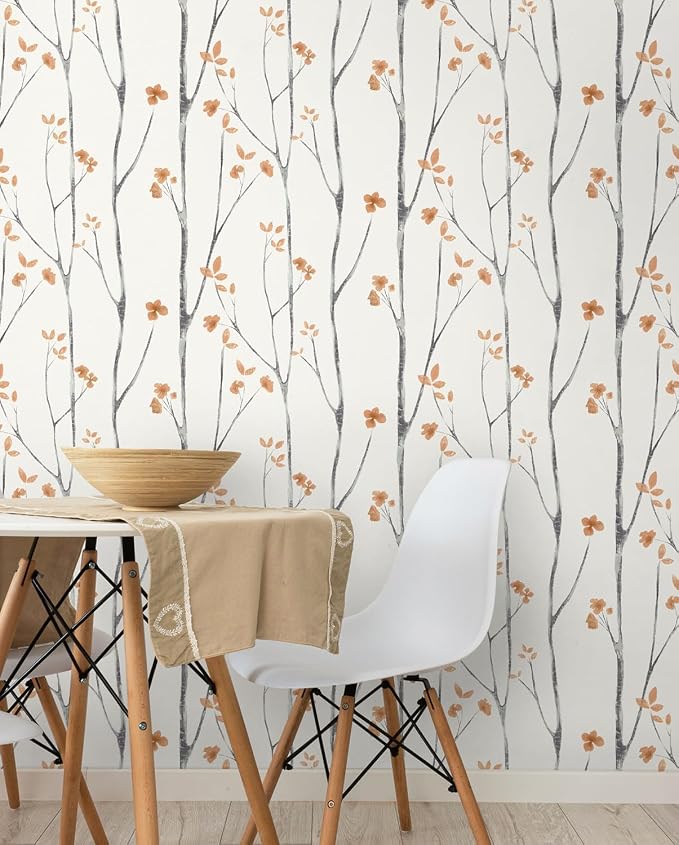 Timeet Peel and Stick Wallpaper White and Orange Floral Wallpaper Boho Leaf Contact Paper Self Adhesive Removable Wall Paper for Bedroom Bathroom Cabinet Wall Decoration 16"x197"