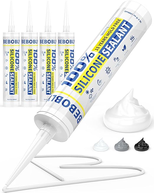 White Silicone Caulk & Sealant, 100% Waterproof Silicone Sealant Caulking, Shrink & Crack Proof, Silicone Caulking for Kitchen, Bathroom, RV, Interior & Exterior Use, 10.2 FL. OZ/300ML, 4 Pack