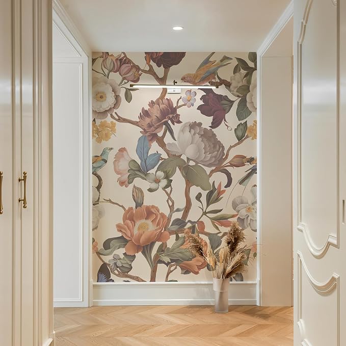 Zeeko Vintage Floral Wallpaper Peel and Stick Large Beige Flower Wall Murals for Bedroom TV Background Wall Paintings Art Deco 98" H x 59" W