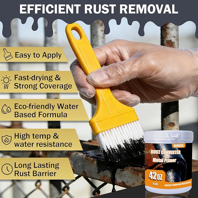 2 in 1 Rust Converter & Metal Primer, 42 Oz Black Rust Inhibitor Paint for Metal, Rust Conversion Paint, Heat-Resistant Anti Rust Coating for Car, Marine, Industrial, Chassis