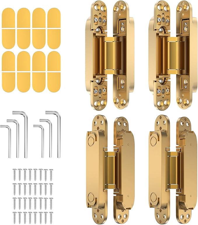 4-Pack 6 inch Hinge for Doors Invisible Hinges Concealed Hinges Zinc Alloy 180 Degree Swing Hinge 3 Way Adjustable Butt Silent Door Hinge 6 x 2.5 x 1 inch (Gold)