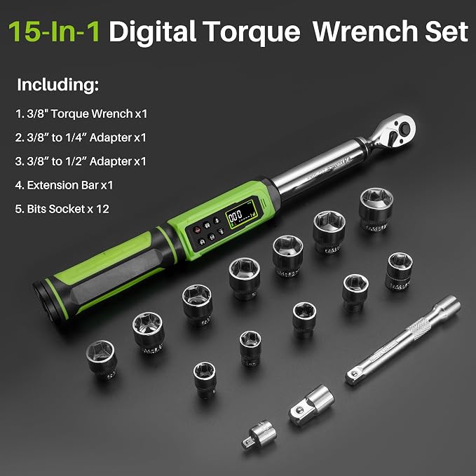3/8" Digital Torque Wrench-1.5-99.6Ft.Lb for Car Motorcycle Repair | Electronic Torque Wrench 3/8 Drive(2-135N.m),Vibration Buzzer LED Indicator,±2% Accuracy Five Units for Bike Tire Auto Repair