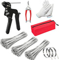 11.8in heavy-duty metal cable ties, 300 piece metal cable tie gun set, 304 stainless steel, multi-functional self-locking cable tie tool set, suitable for outdoor fencing, farms, and pipe bundling