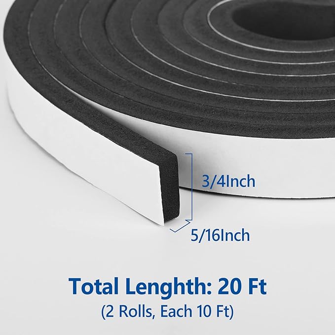 Kikerike Self Adhesive Foam Tape Weatherstrip 3/4In x 5/16In x 20Ft High Density Foam Insulation Strips Seal Weather Stripping with Strong Adhesive for Door and Window Sound Isolation Soundproofing