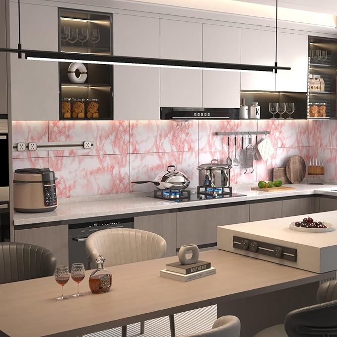 Extra Wide Marble Contact Paper Granite Peel and Stick Wallpaper Pink Glossy 31.5x354 inch Countertop Contact Paper for Kitchen Bathroom Self-adhesive Waterproof Decorative Film Marble Vinyl Wrap