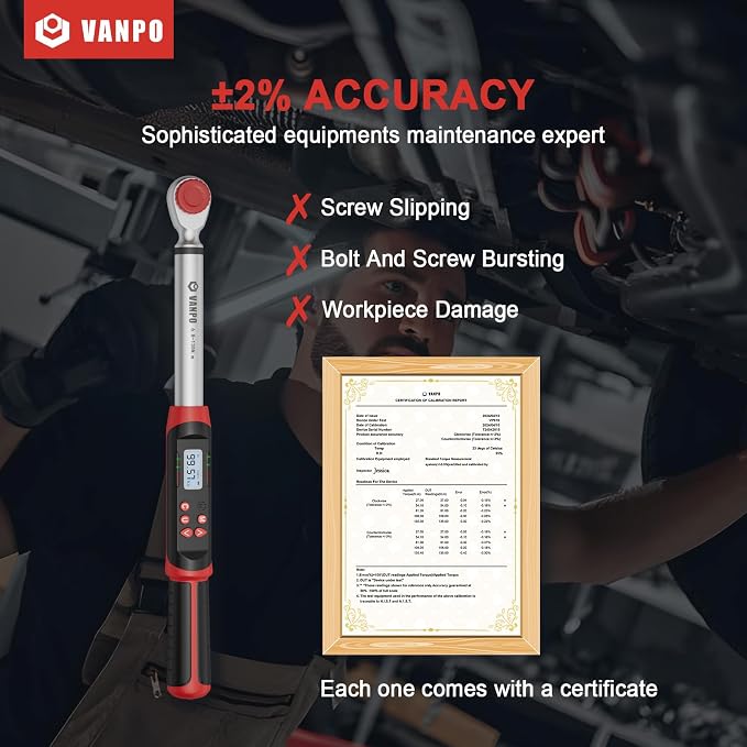 VANPO Digital Torque Wrench 1/2-Inch Drive 5-99.5 ft-lbs./6.8-135Nm, Electronic Torque Wrench with Preset Value, Buzzer and LED Notification, ±2% Accuracy for Moto, Car