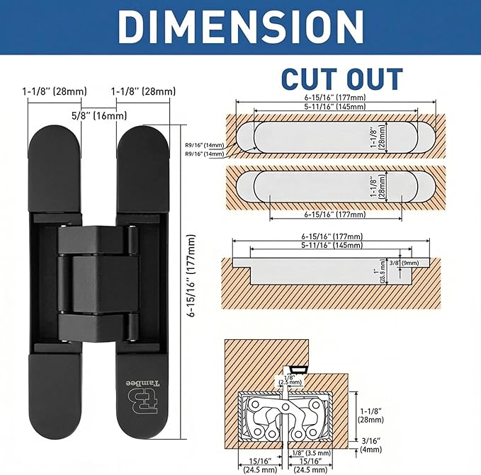 TamBee Hidden Door Hinge Invisible Hinges - Black, 3 Way Adjustable, Zinc Alloy, Concealed, for Secret Doors, Hidden Door and Bookcase Door 7 Inch (2 Hinges)