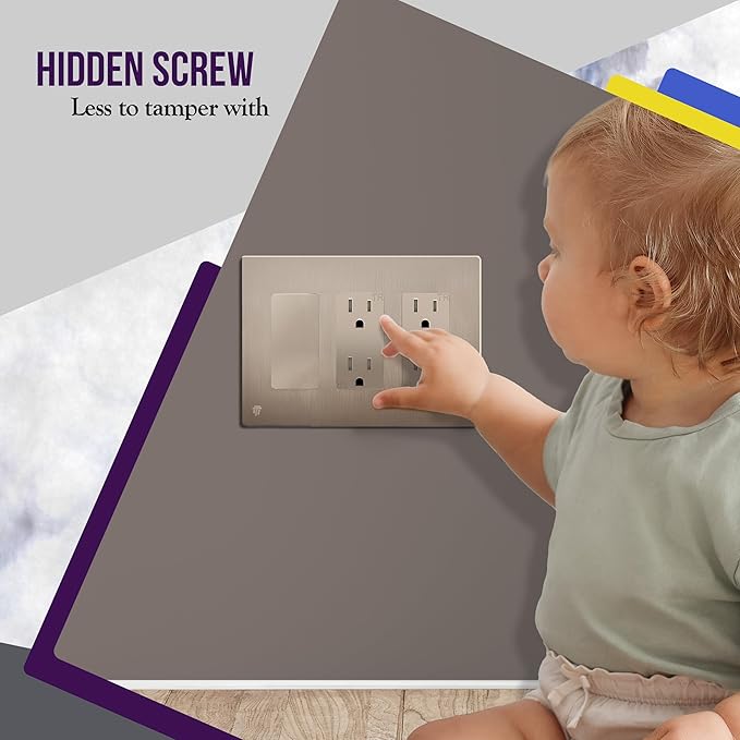 ENERLITES Elite Series Screwless Decorator Wall Plate Child Safe Outlet Cover, Gloss Finish, Size 3-Gang 4.68" H x 6.53" L, Unbreakable Polycarbonate Thermoplastic, SI8833-BNK, Brushed Nickel