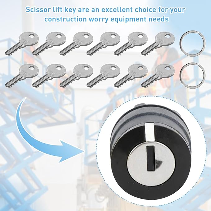 (12 Pack) 455 Ignition Keys Compatible with Genie, Skyjack, Terex, Snorkel & Upright Lifts - Includes 2 Wire Key Rings - Replacement Heavy Equipment Key Set for Scissor & Boom Lifts (Replaces 104466)