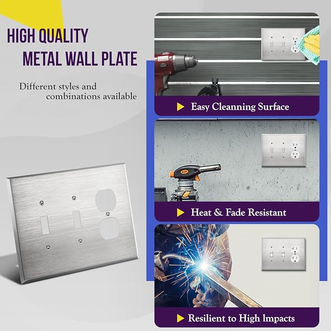 ENERLITES Combination Two Toggle/One Duplex Receptacle Metal Wall Plate, Oversize 3-Gang, 5.51” x 7.48”, UL Listed, 771221O, 430 Stainless Steel