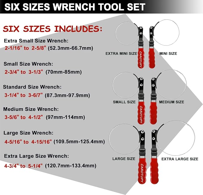 Oil Filter Wrench Set with Small Oil Funnel for Oil Change, 7 Pcs | Universal Oil Filter Removal Tool 2-1/16"-5-1/4", Adjustable Oil Filter Wrench Tool Set, Small Snap-On Oil Funnel