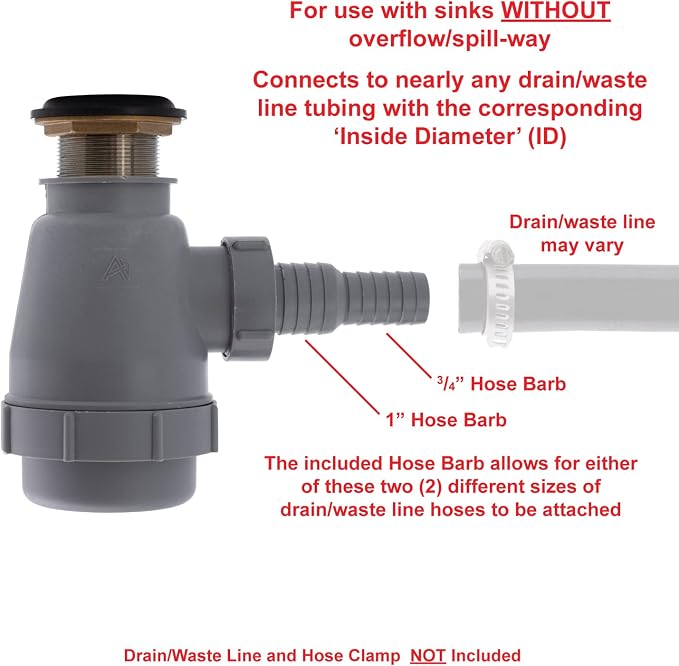 Ambassador Marine - 1-1/2 inch Drain, Flip Trap Sink Drain - no Overflow, 3/4 inch & 1 inch Hose Barb - Chrome - S01-0308-CP-W