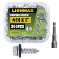 LIONMAX Metal Roofing Screws #14 x 1 Inch, 300-PCS, Rustproof Coating Hex Head Sheet Metal Screw with Rubber Washer, Sharp Point, for Roofing and Siding, Hex Socket Included