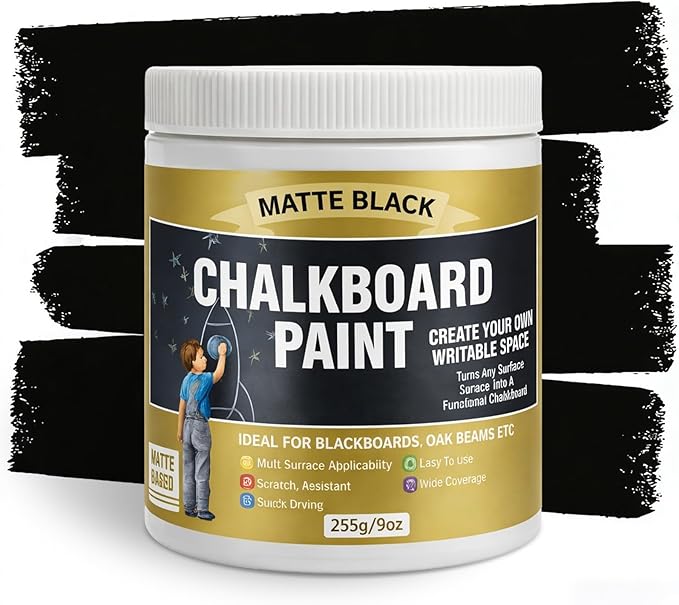 Chalkboard Paint, Black Chalk Board Paint with All-in-One Primer & Top Coat, Matte Black Non-Toxic Quick-Dry Formula for Wall, Wood, Metal and Glass, 9oz