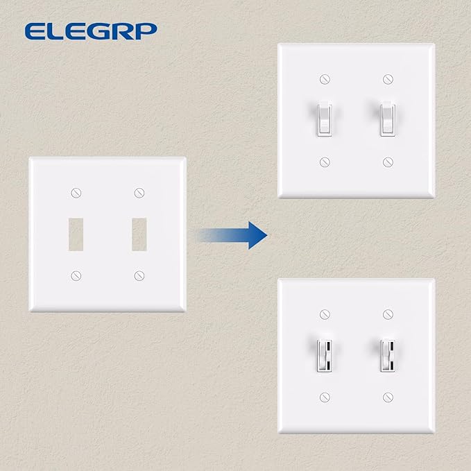 ELEGRP 2-Gang Toggle Switch Wall Plates, Standard Size 4.53" H x 4.57" L Unbreakable Thermoplastic Faceplate Cover for Toggle Dimmer Light Switches, UL Listed (10 Pack, Glossy White)