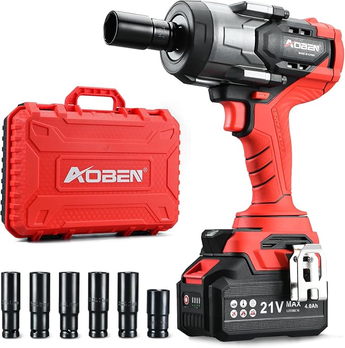 AOBEN 1500N.m Cordless Impact Wrench, 1/2" Heavy Duty Impact Gun, 3-Speed 2500RPM Power Torque for Truck & RV Lug Nuts, Rusted Bolts, 4.0Ah Battery & Fast Charger, 6 Sockets & Carry Case