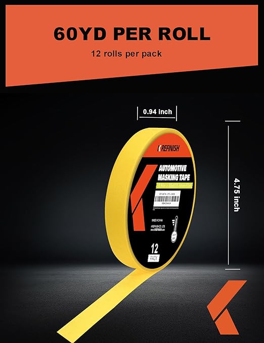 KREFINISH Painters Tape for Cars Vehicles Paint Tape Auto Body Yellow Masking Tape Heat Resistant Automotive Removable No Residue Painting Tape Bulk Set for Paint Booth, 0.94in-60 yards/12rolls