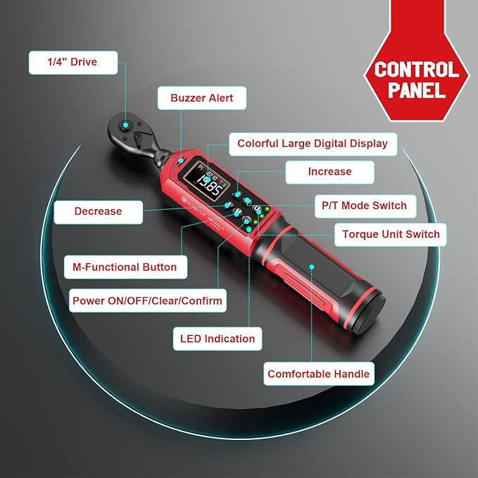1/4" Digital Torque Wrench, 0.33-22.1Ft.Lb/0.45-30N.m, for Bicycle | ±1% Accuracy Electronic Torque Wrench with Vibration/Buzzer/LED Flash, 9 Presets & 5 Units, for Carbon Bike & Moto Assembly