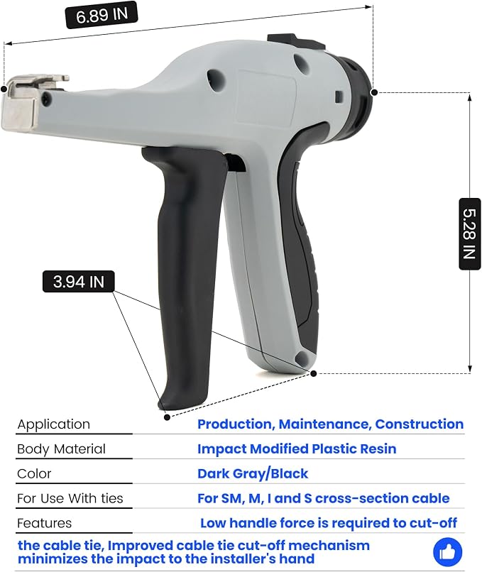 Low-Impact Cable Tie Gun for Plastic & Nylon Zip Tie, Replace Panduit GTS-E, Ergonomic Zip Tie Gun with Adjustable Tension, 16-Position Knob, Flush Cut, Low Handle Force, Fits 8-50 lb Cable Ties