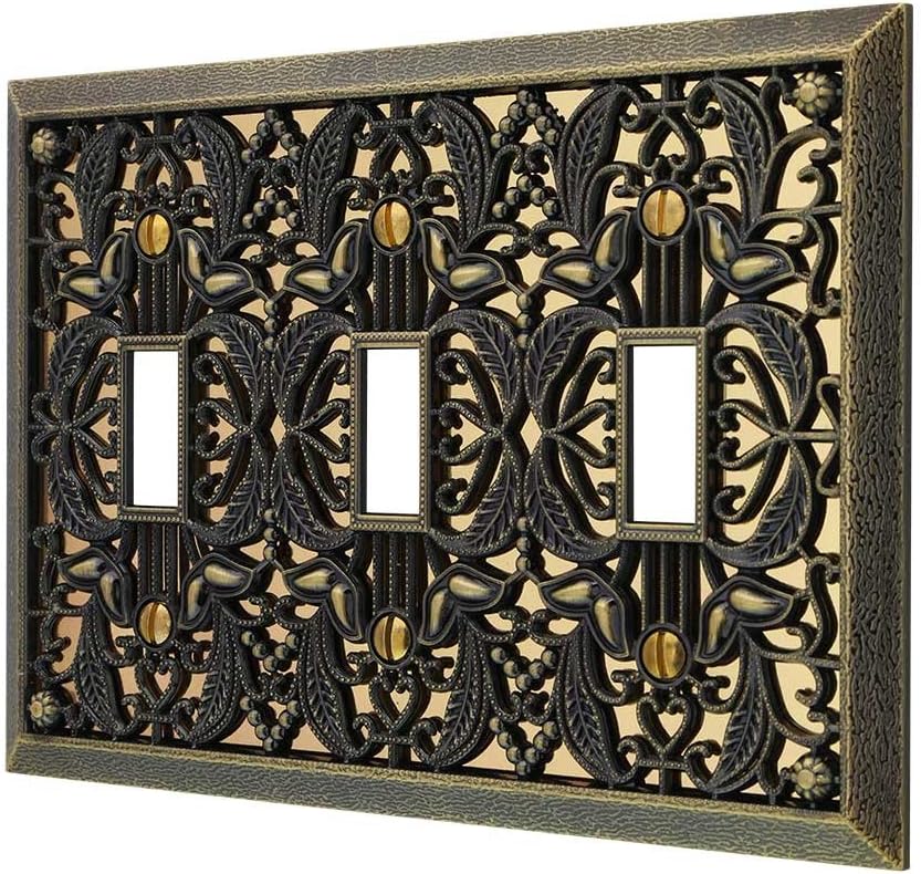 Amerelle Filigree Triple Toggle Cast Metal Wallplate in Antique Brass