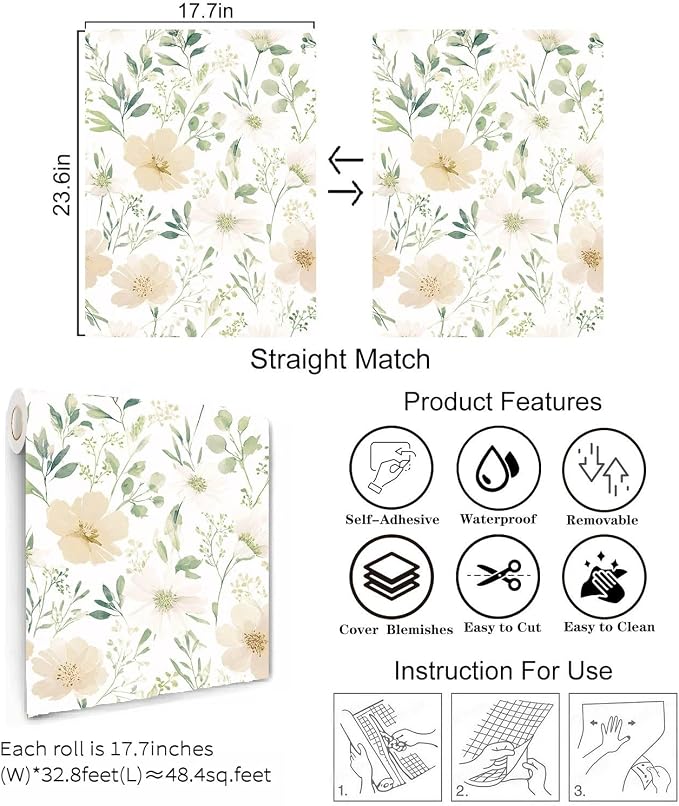 Floral Peel and Stick Wallpaper 17.7in x 393.7in | Watercolor flower removable self adhesive design for cottagecore bedroom accent walls