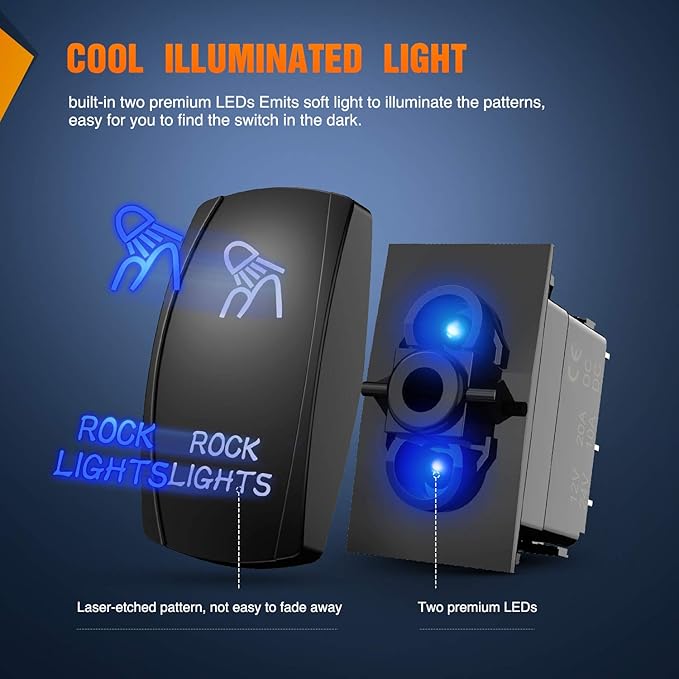 Nilight - 90008B Rock Lights Rocker Switch LED Light Bar 5Pin Laser On/Off LED Light 20A/12V 10A/24V Switch jumper wires set for Jeep Boat Trucks,2 years Warranty Blue