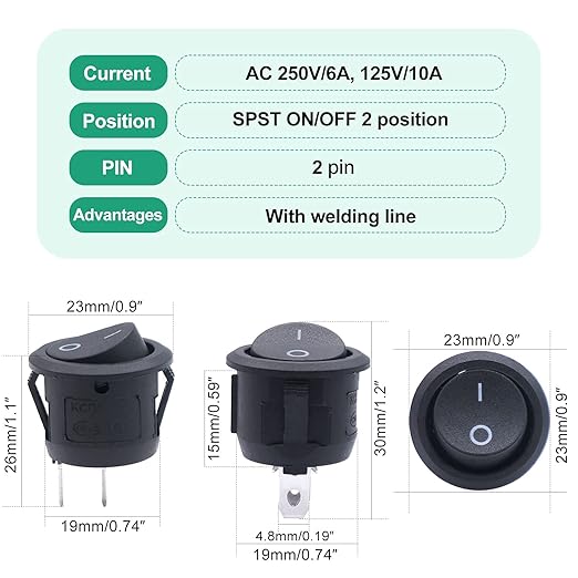 Twidec/10Pcs 12V Round Rocker Switch AC 6A/250V 10A/125V SPST 2 Pin 2 Position On/Off Toggle Switch for Car Boat Automotive RV Black with Pre-soldered Wires KCD1-X-Y