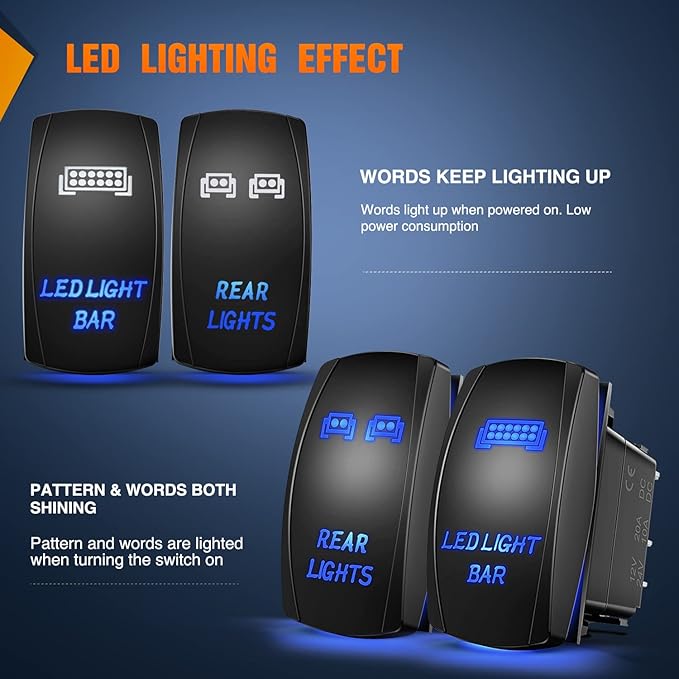 Nilight 2 Pack Rear Lights Rocker Switch Led Light Bar Switches 5Pin Laser On Off SPST switches 20A/12V 10A/24V Blue with Jumper Wires Set for Cars Trucks RVs