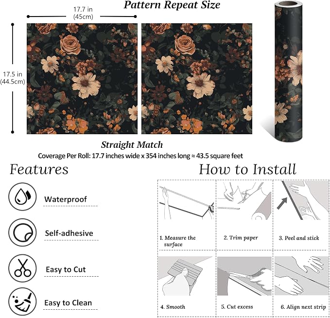 VEELIKE Vintage Floral Wallpaper Prepasted Moody Dark Floral Peel and Stick Wallpaper for Bedroom Powder Room 17.7''x354'' Removable Renter Friendly Wall Paper Flower Contact Paper for Cabinets Walls