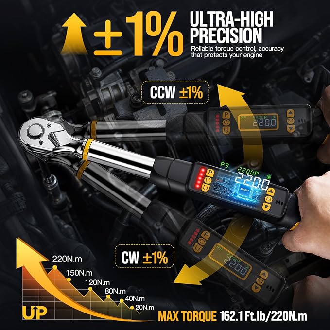 3/8 Digital Torque Wrench Set for Automotive 0-220Nm ±1% Precision | 1/2 1/4 3/8 Drive, LED+Buzzer Alerts, 10 Presets & 400 Data Logs, Preset/Real-Time/Peak/Modes for Car Repair & Maintenance