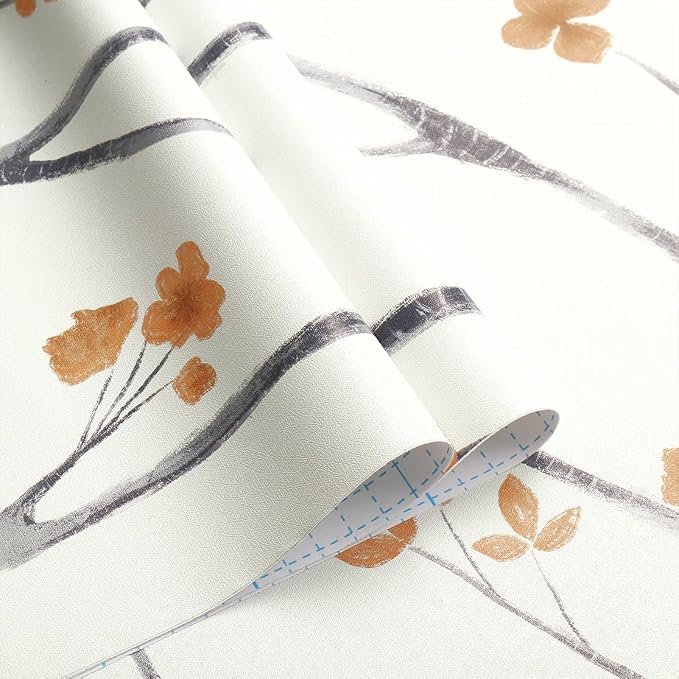 Timeet Boho Peel and Stick Wallpaper Floral Wall Paper Tree Contact Paper White and Orange Clearance Removable Self Adhesive Thicken Eco-Friendly Deacoral Bedroom Bathroom 16.14"x78.7"