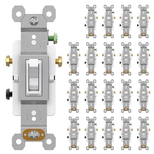 AIDA 3 Way 15 Amp Quiet Indoor Toggle Switch Self-Grounding ON Off Toggle, Residential Grade, UL Listed, Quickwire Push-in & Side Wired (White, 20 Pack)
