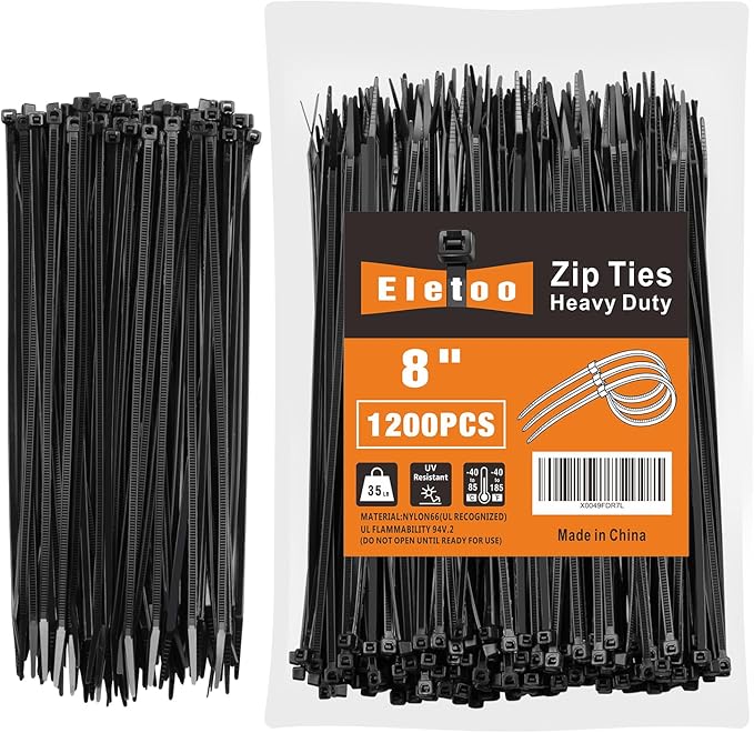 8 Inch Black Zip Ties 1200 Pack, 35 LBS Tensile Strength, Self-Locking Nylon UV Resistant Cable Ties for Indoor and Outdoor