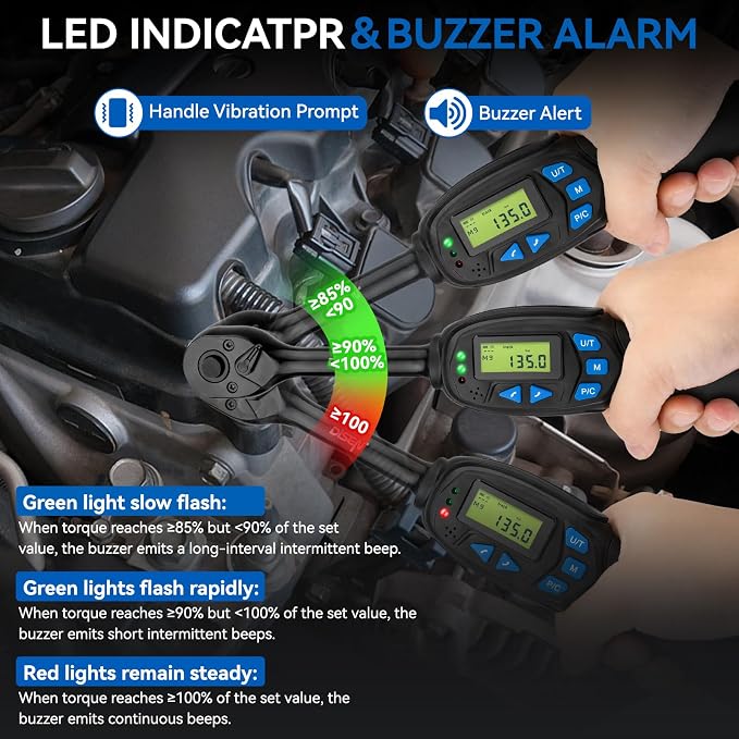 DISEN 8PCS 3/8" Digital Torque Wrench 6.8-135 N.m 5 Sockets Adapters Kit | 5-99.6 Ft.lb | ±2% accuracy | 72-tooth reversible ratchet | 2 modes & 5 units | LED/buzzer alert | Auto, motorcycle, bike
