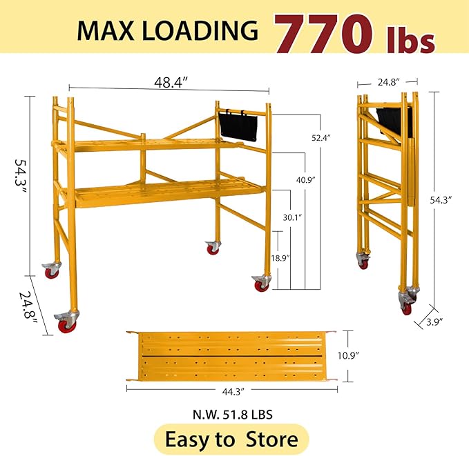 LEADALLWAY Portable Rolling Scaffolding Platform 4 Foot High Mobile Baker Scaffolding 770 LBS Capacity with Locking Wheels and Tool Bag, Yellow