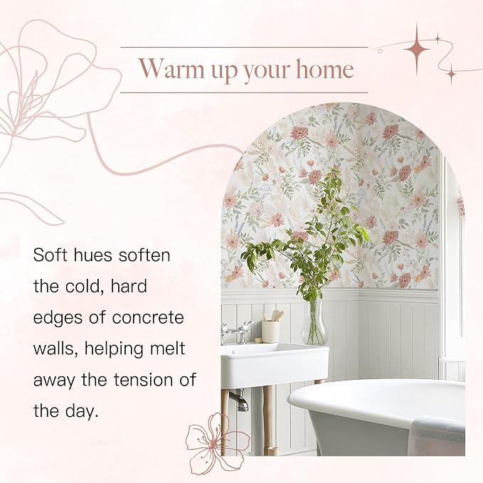 Dimoon Pink Floral Peel and Stick Wallpaper Modern Beige Contact Paper 17.3''x393'' Boho Village Country Cottage Wallpaper Renter Friendly Girls Room Wall Paper for Bathroom Nursery Bedroom Vinyl