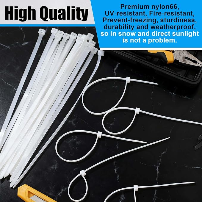 Reallnaive 500 Pcs 12 Inch Zip Ties Heavy Duty 120 Lbs Tensile Strength White Nylon Wire Cable Ties Bulk for Indoor Outdoor