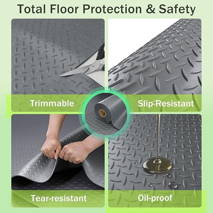 8x20 FT Garage Floor Mat, 2.8mm Thickened Flooring Roll for Under Car Diamond Plate PVC Rubber Mat with 20 Pcs Tapes, Non-Slip Floor Mat for Garage, Warehouse, Gyms, Trailer,Grey