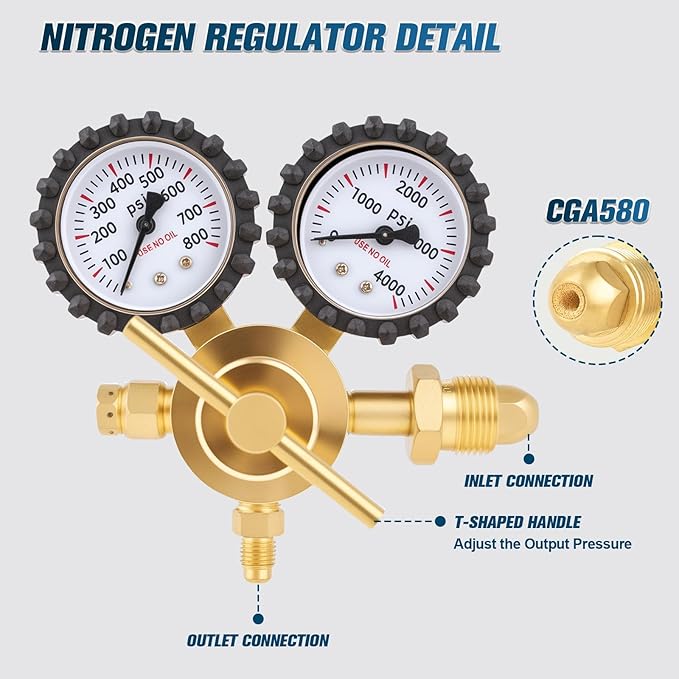 Beaiguna Nitrogen Regulator, 0-800PSI Nitrogen Regulator HVAC with CGA580 Inlet, 1/4" Male Flare Outlet Connection, Nitrogen Tank Regulator for HVAC Purging, Leak Checking, Pressure Testing, Welding