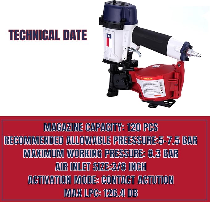 Texas Style CN45N Roofing Nailer, 15 Degree Roofing Nail Gun, 3/4-Inch to 1-3/4-Inch Coil Nails, 120-pcs Load Capacity Coil Nailer