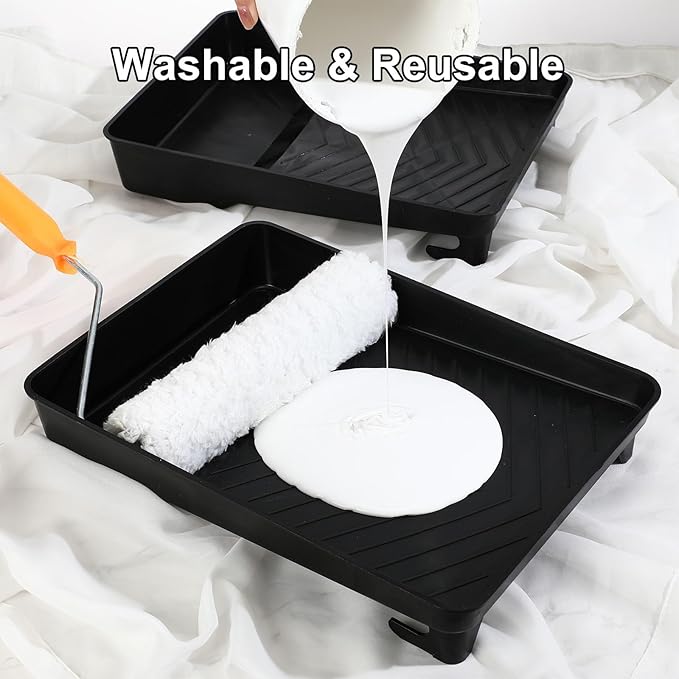 Geelin 8 Pcs Paint Tray 9 Inch Reusable Plastic Roller Pan for 9 Inch Roller Brushes Paint Pan with Sturdy Legs Textured for Wall, Black