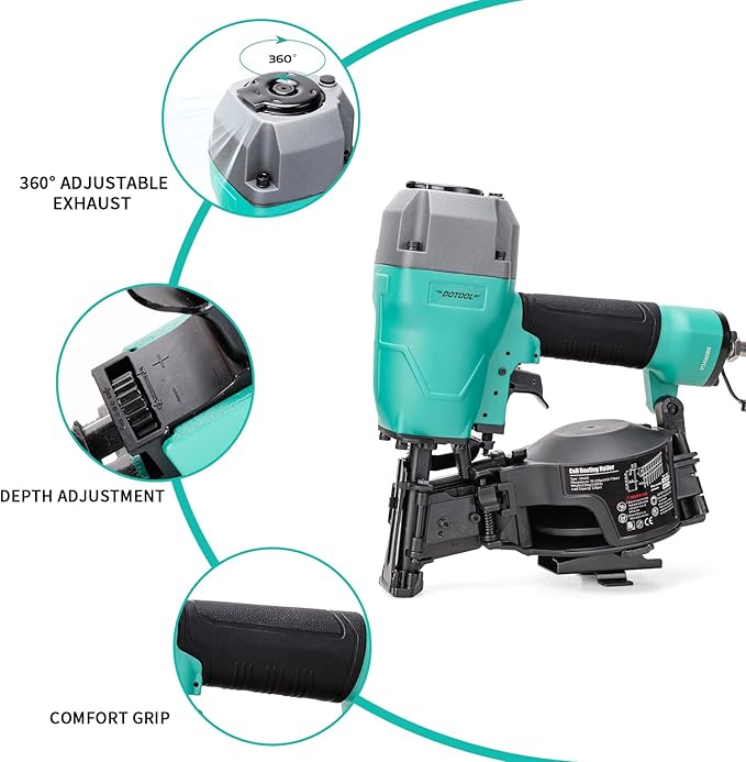 DOTOOL Roofing Nailer CN45C 15 Degree 3/4-Inch to 1-3/4-Inch Roofing Nail Gun Pneumatic Coil Nailer 120 pcs Load Capacity