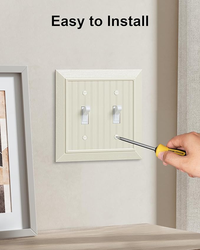 2-Pack Classic Beadboard Double Toggle Light Switch Cover Plate, Unbreakable Polycarbonate Decorative Switch Plate Covers, Light Almond 2 Gang Wall Plate