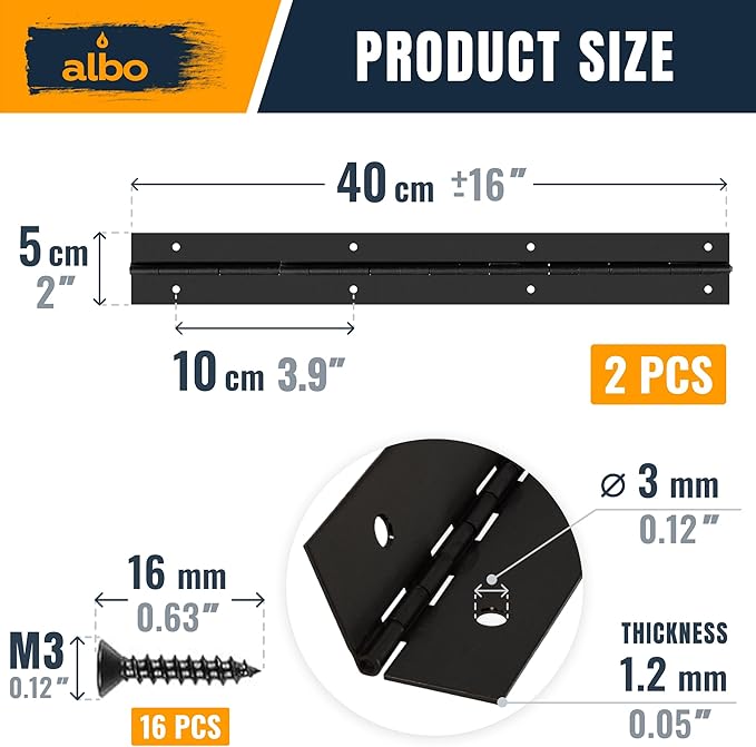 ALBO 16 Inch Black Heavy Duty Piano Hinge Continuous Stainless Steel 304 (2-Pack), Surface Mount Cabinet Hinges Matte Black 16"x2" for Storage Box, Workbench & Display Case, Rustproof