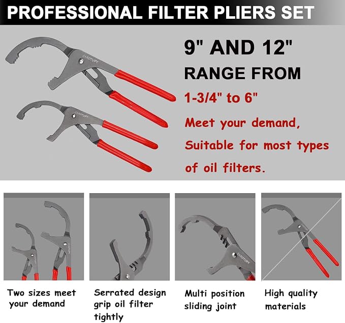 Oil Filter Wrench Set, Oil Filter Pliers with Small Funnel, 10 Pcs | Universal Oil Filter Removal Tool, 9" & 12" Oil Filter Pliers, Adjustable 3-Jaw Oil Filter Wrench, Small Snap-On Oil Funnel