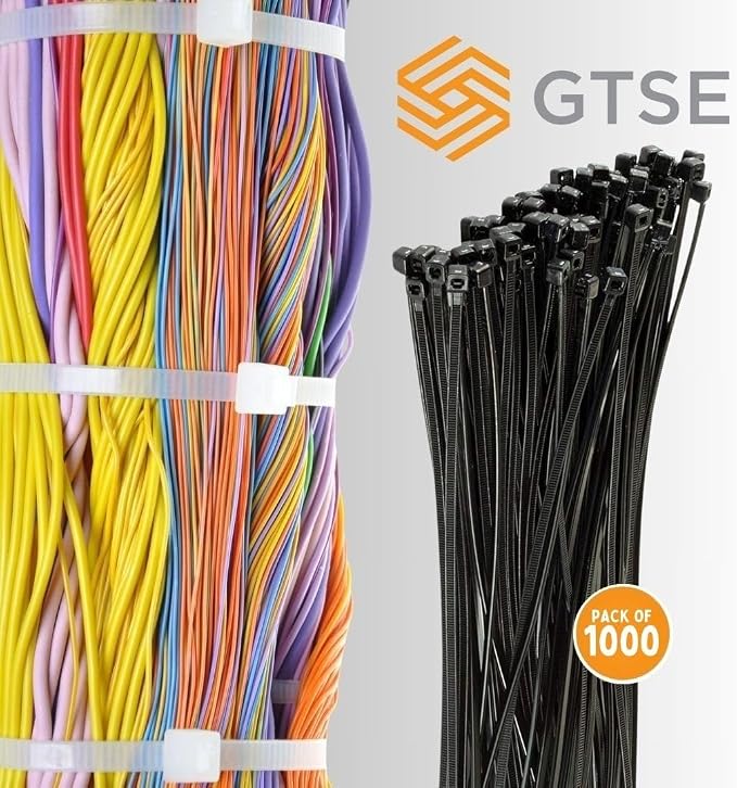 GTSE 12 Inch Black Zip Ties, 1,000 Bulk Pack, 50lb Strength, UV Resistant Long Nylon Cable Ties, Self-Locking 12" Tie Wraps