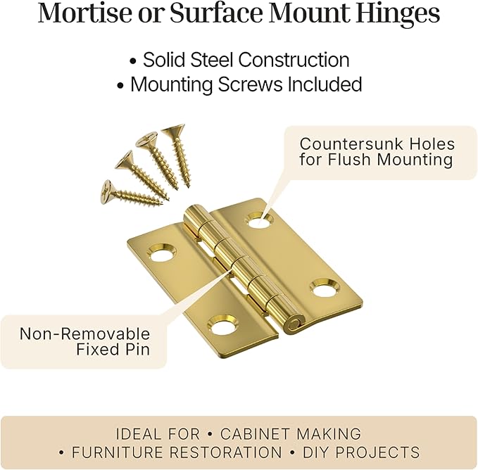 Bright Brass Butt Hinges - 2" x 1-1/2" - Pack of 4 - Flush Mount Cabinet Door Hinges - Antique Furniture Hardware - BH7-SB (2)