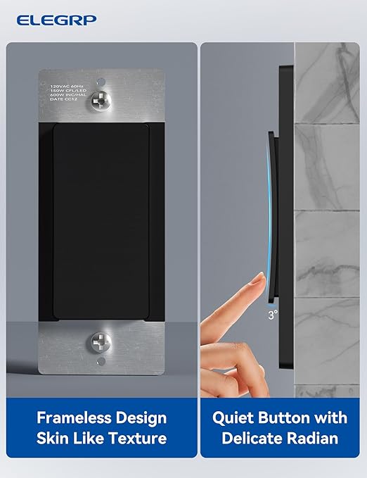 ELEGRP Smart Light Switch, 2.4GHz Wi-Fi Light Switch Compatible with Alexa & Google Assistant, Neutral Wire Required, APP Control and Timer Schedule, UL Certified, Single Pole/3 Way, Black, 10 Pack